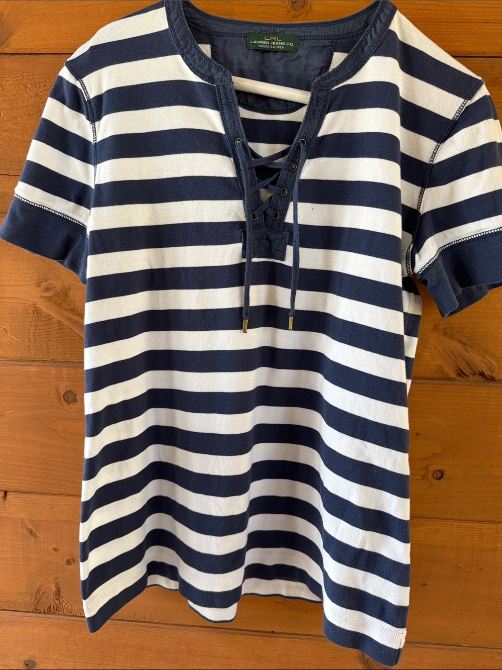Lauren Ralph Lauren Navy & White Lace-Up Stripe Short Sleeve Tee